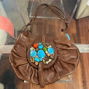 G brown leather crystal & Stone bag with magnetic closure